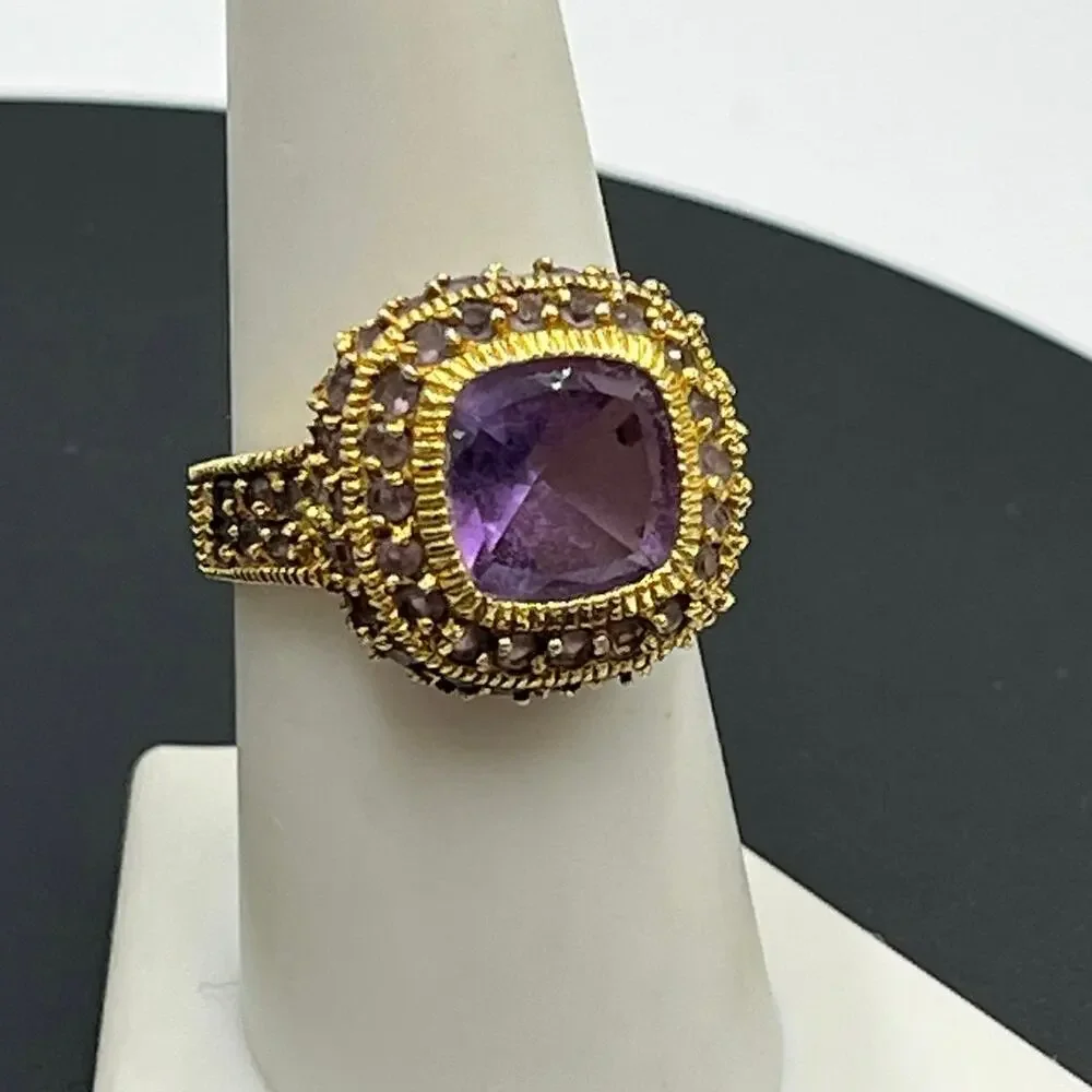 UTC Gold Plated Vermeil Sterling‎ Silver Cushion Cut Amethyst Cocktail Ring Sz 8